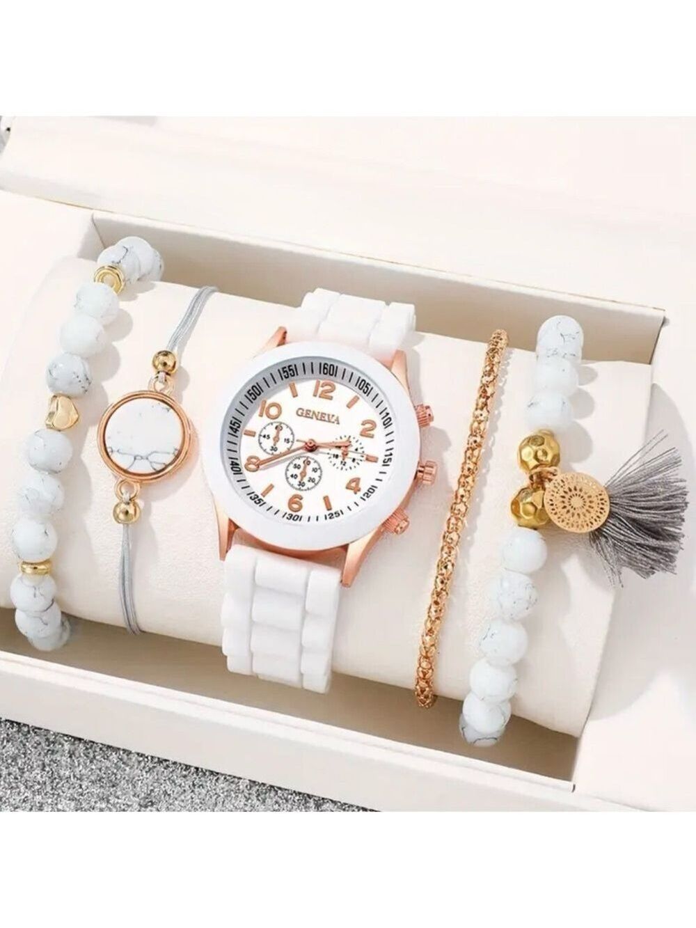 Geneva White watch + Boho Stone Bracelet Set Matching Trendy Chic Everyday Style